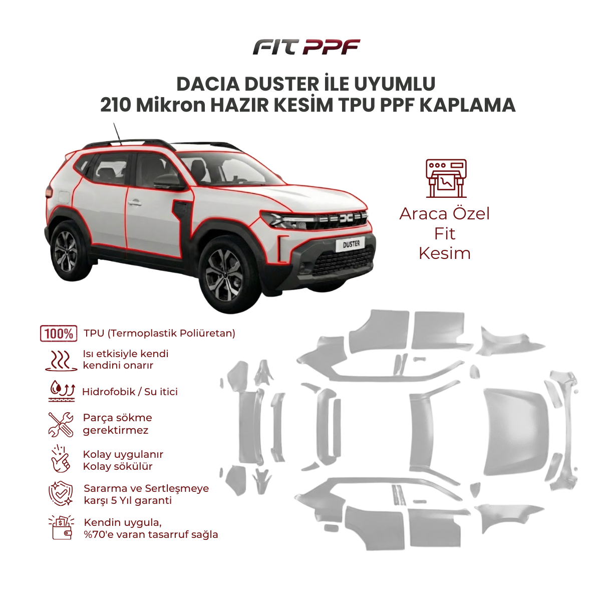 Dacıa Duster ile uyumlu 210 mikron tam gövde hazır kesim TPU PPF kaplama FİT PPF