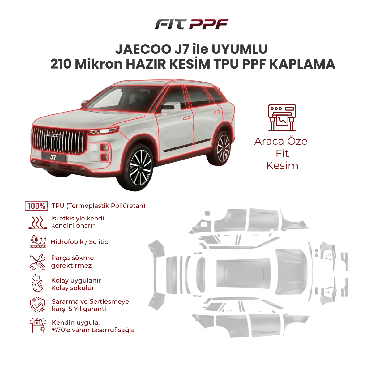 Jaecoo J7 ile uyumlu 210 mikron tam gövde hazır kesim TPU PPF kaplama FİT PPF